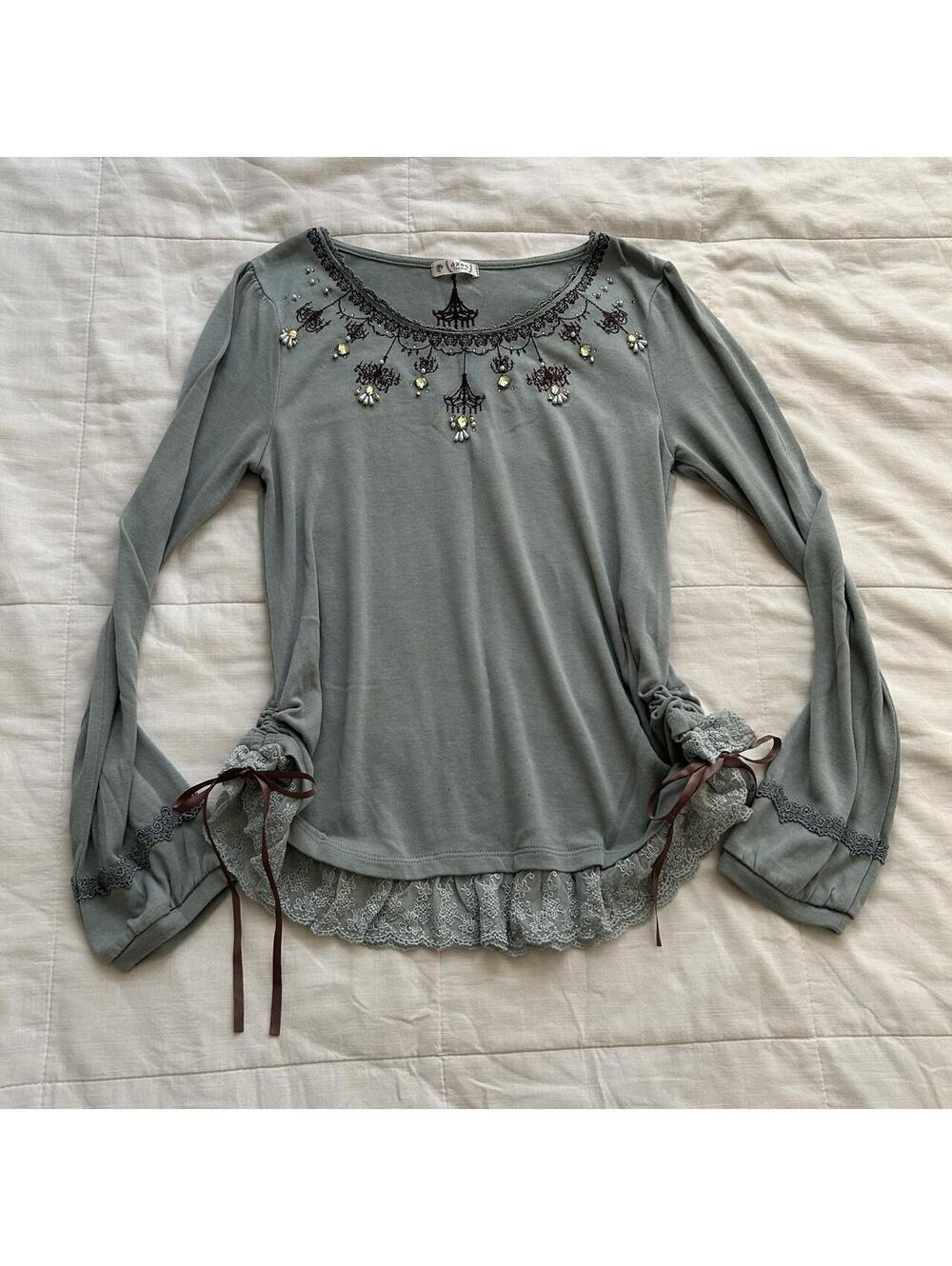 Axes Femme Dusty Blue Chandelier Embroidered Lace Bow Top Medium Japan